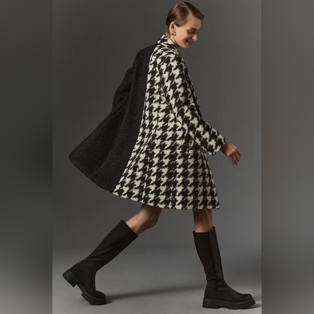NVLT Black and White Houndstooth Coat Small Petite LEATHER COLLAR